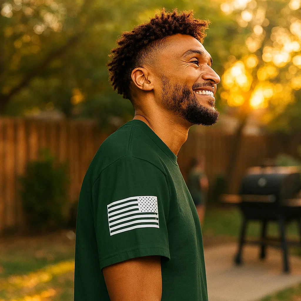 black male green veteran designed shirt