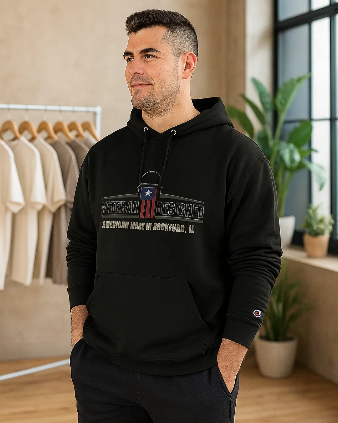 man wearing veteran designed black hoodie in boutique studio