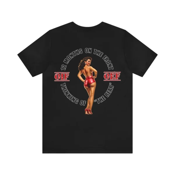 "thinking of the rear" with veteran logo (dark shirt)