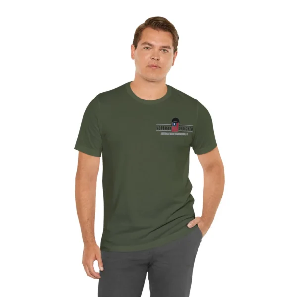 "thinking of the rear" with veteran logo (dark shirt)