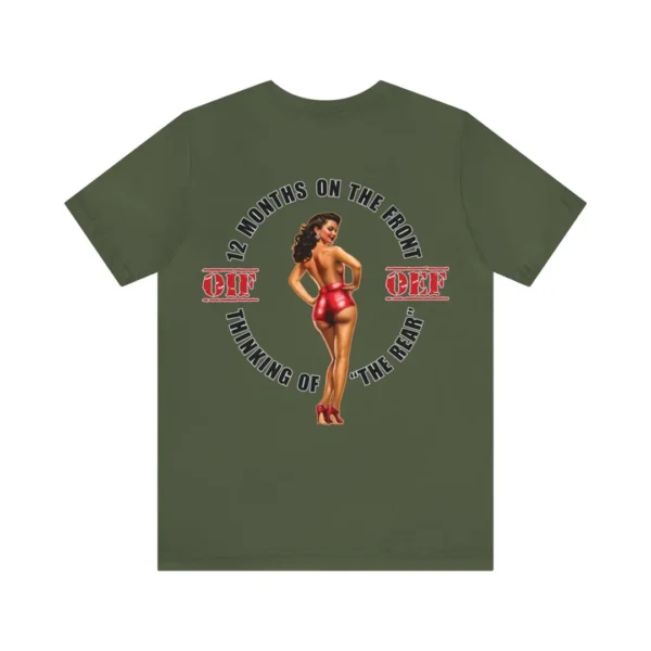 "thinking of the rear" with veteran logo (dark shirt)