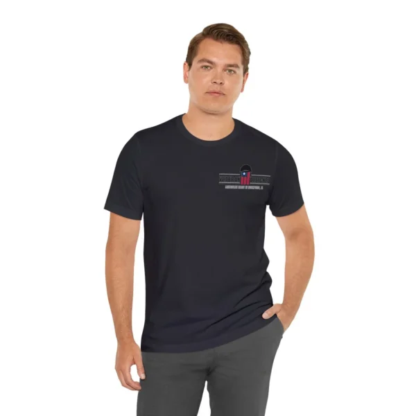 "thinking of the rear" with veteran logo (dark shirt)