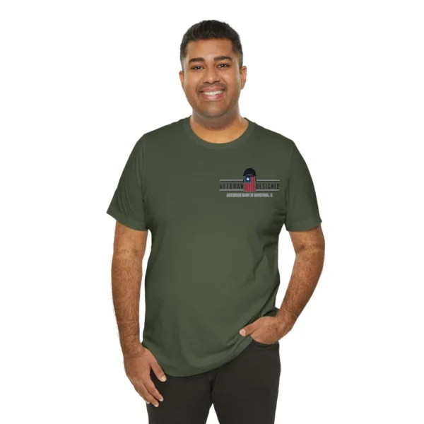 "thinking of the rear" with veteran logo (dark shirt)