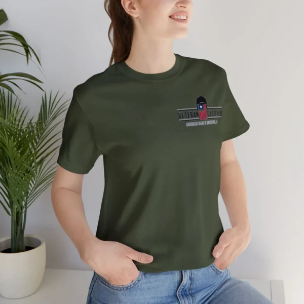 "thinking of the rear" with veteran logo (dark shirt)