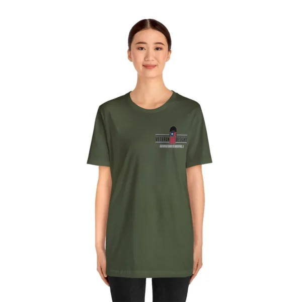 "thinking of the rear" with veteran logo (dark shirt)