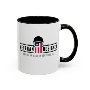 veteran designed accent coffee mug black handle logo