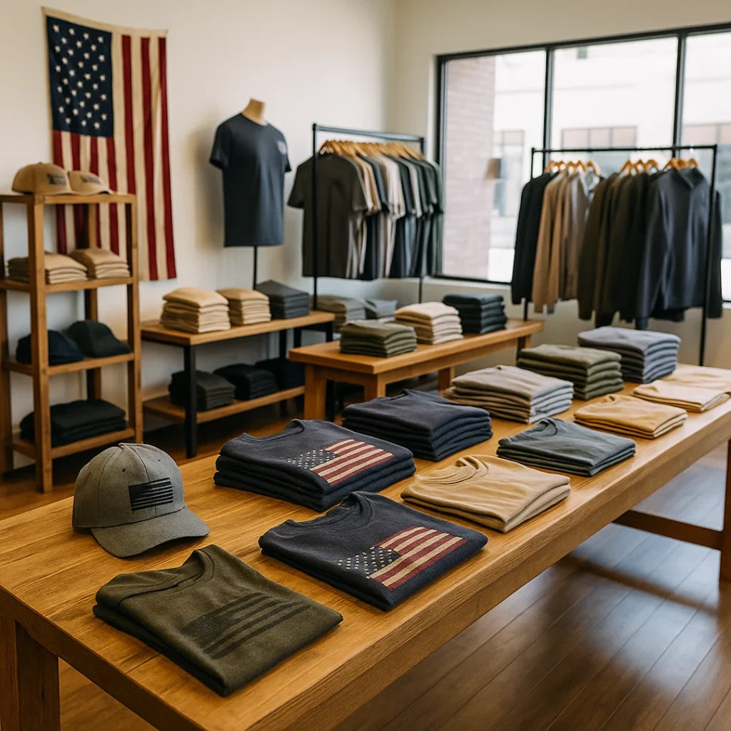 veteran owned clothing store table shirts